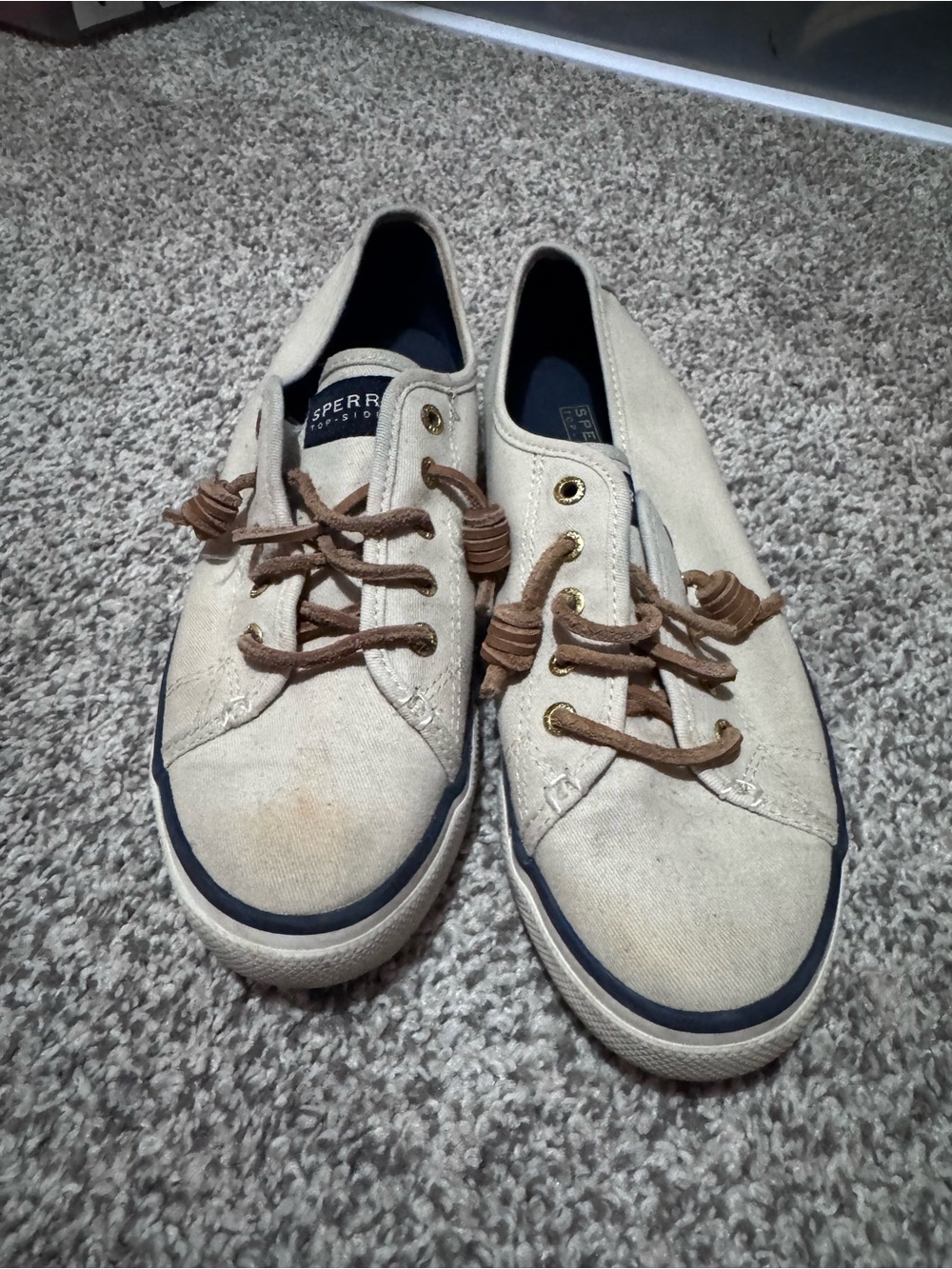 Sperry Men's Canvas Boat Shoes in Cream with Brown Laces